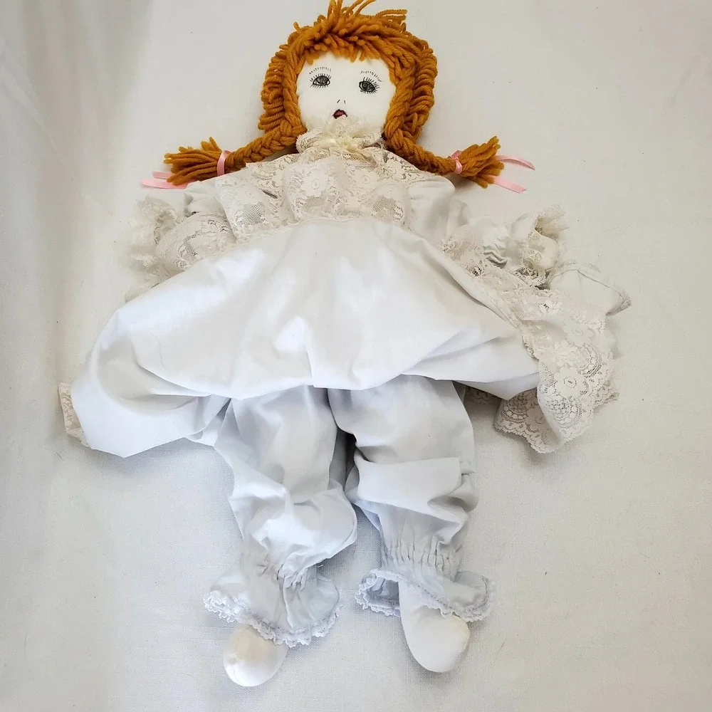 Vintage ♡ Handmade Hand-Crafted Cloth Doll W/Lace Dress‎ ♡ Yarn Hair Braids